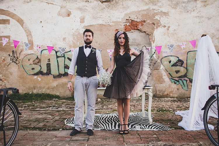 black wedding tulle dress hipster couple at a industrial winter wedding in portugal jesuscaballero.com