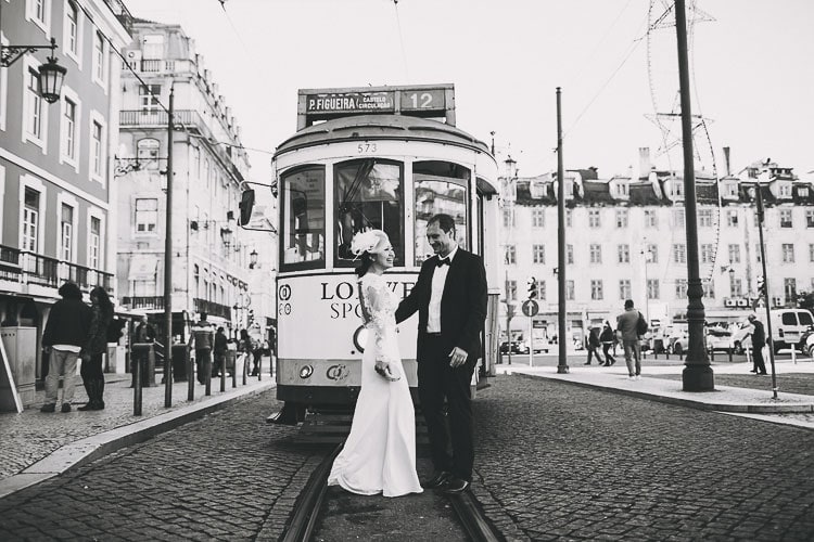 tram in lisbon sintra wedding photographer couple just married in portugal small wedding