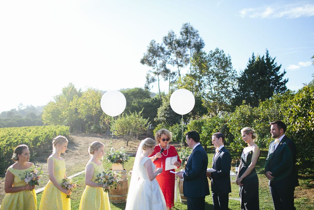 rings and vows at vineyard wedding at sunset