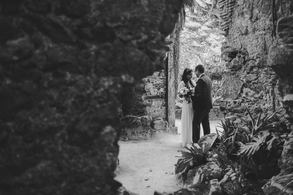 black and White elopement photography in chapel ruins in Sintra Monserrate Palace