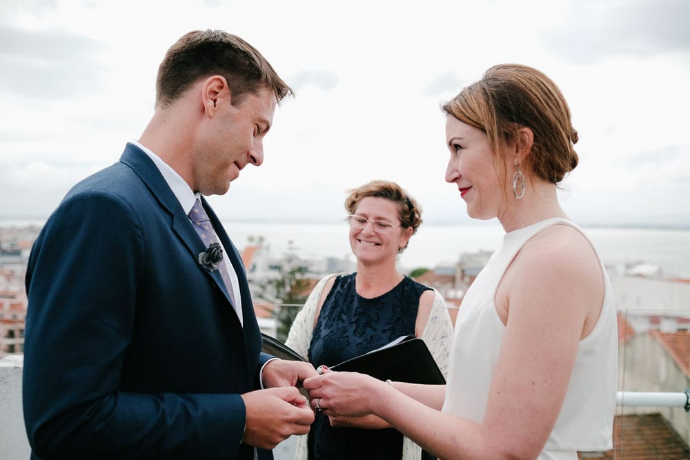 rings exchange at Lisbon wedding on rooftop