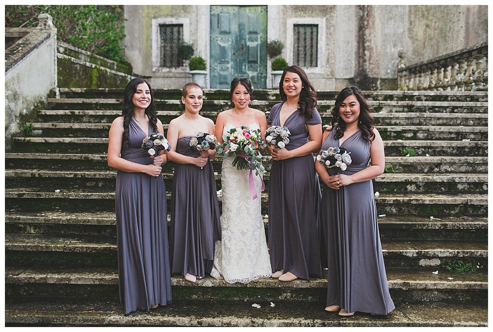 bridal party and bride with Maggie Sottero wedding dress #MaggieSottero #AllistaireCollection #bohobride #myvintagewedding #bridesmaids #bridalparty