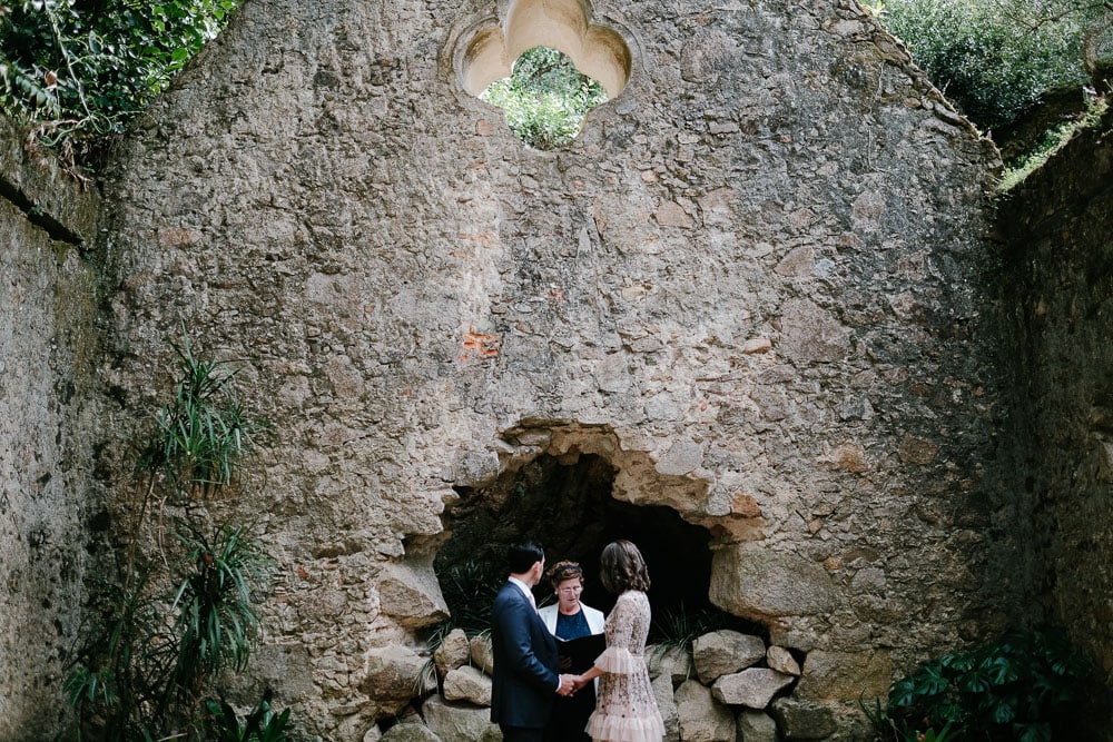 outdoor elopement ceremony in chapel ruins in Monserrate