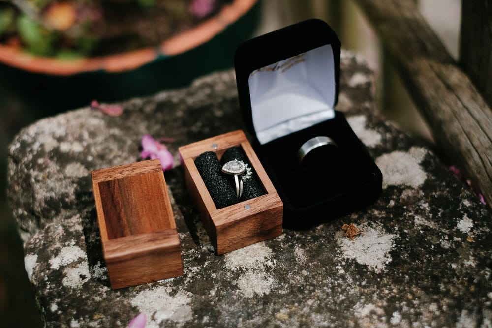 rings and bands for forest elopement #engagementring #weddingband #elopementring