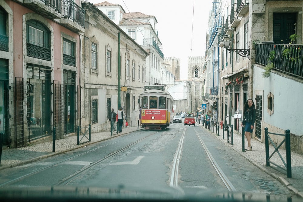 lisbon streets with tram