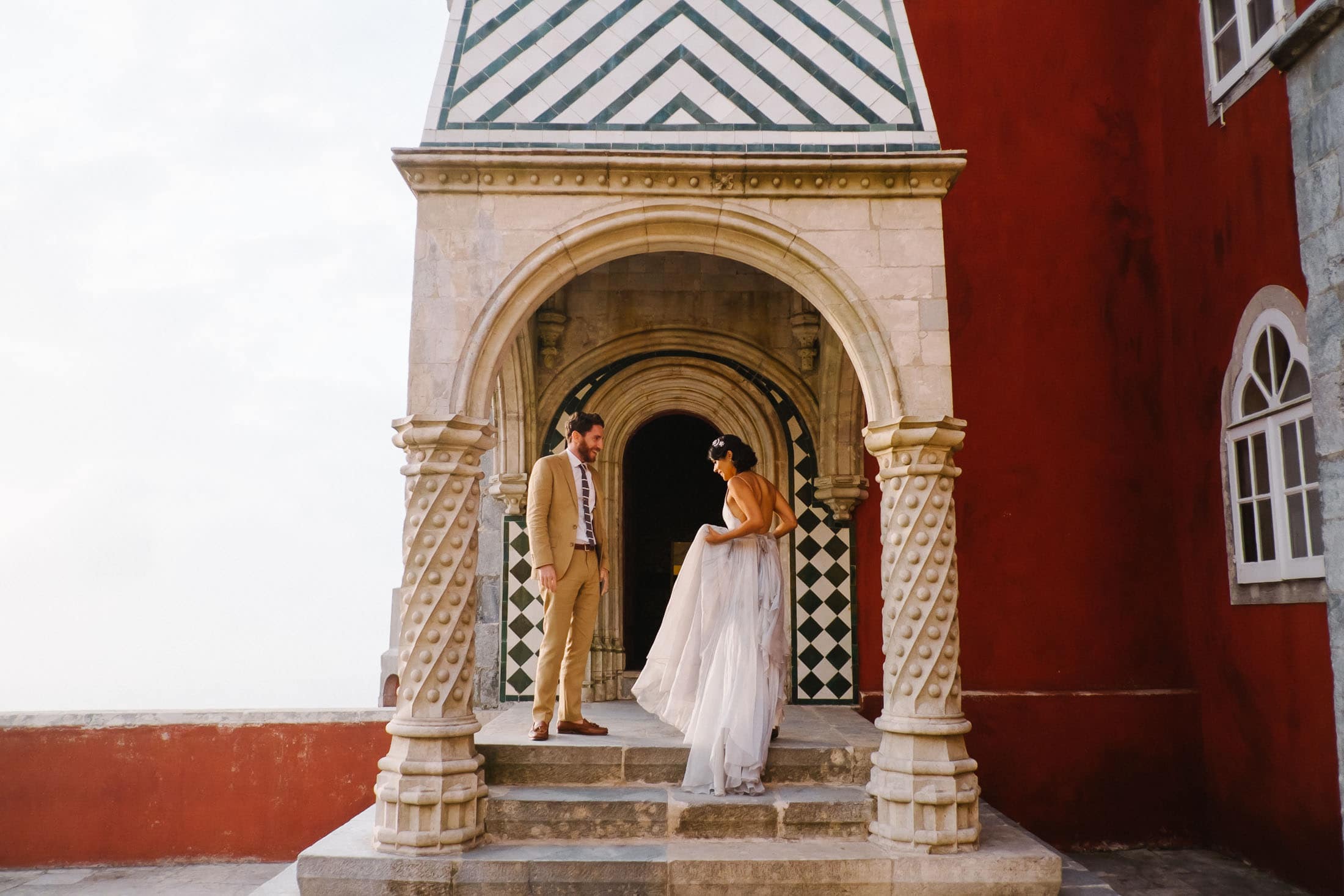 Modern Portugal elopement at colorful Pena Palace #sintraelopement #portugalwedding #lisbonelopement #sintrawedding