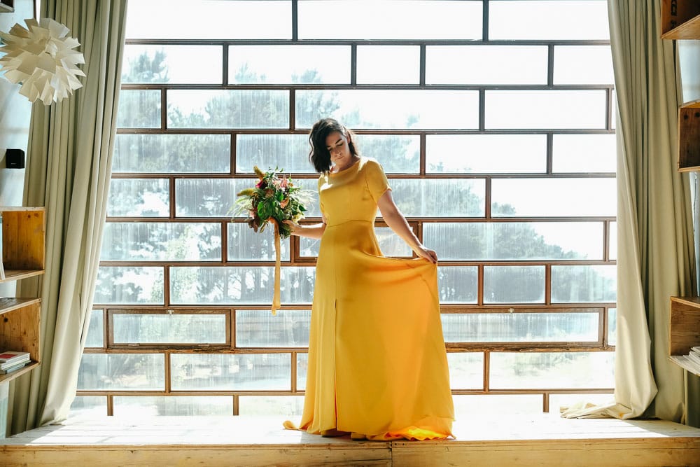 rustic wedding at rio do prado with yellow bride dress by sarah seven elopement #sarahseven #bridedress #riodoprado #yellowweddingdress #elopement