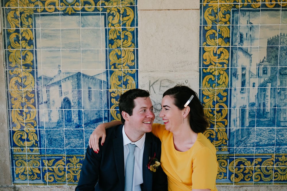 rustic wedding at rio do prado with tiles in Obidos #riodoprado #yellowweddingdress #elopement #tiles #lakewedding #portugaltiles