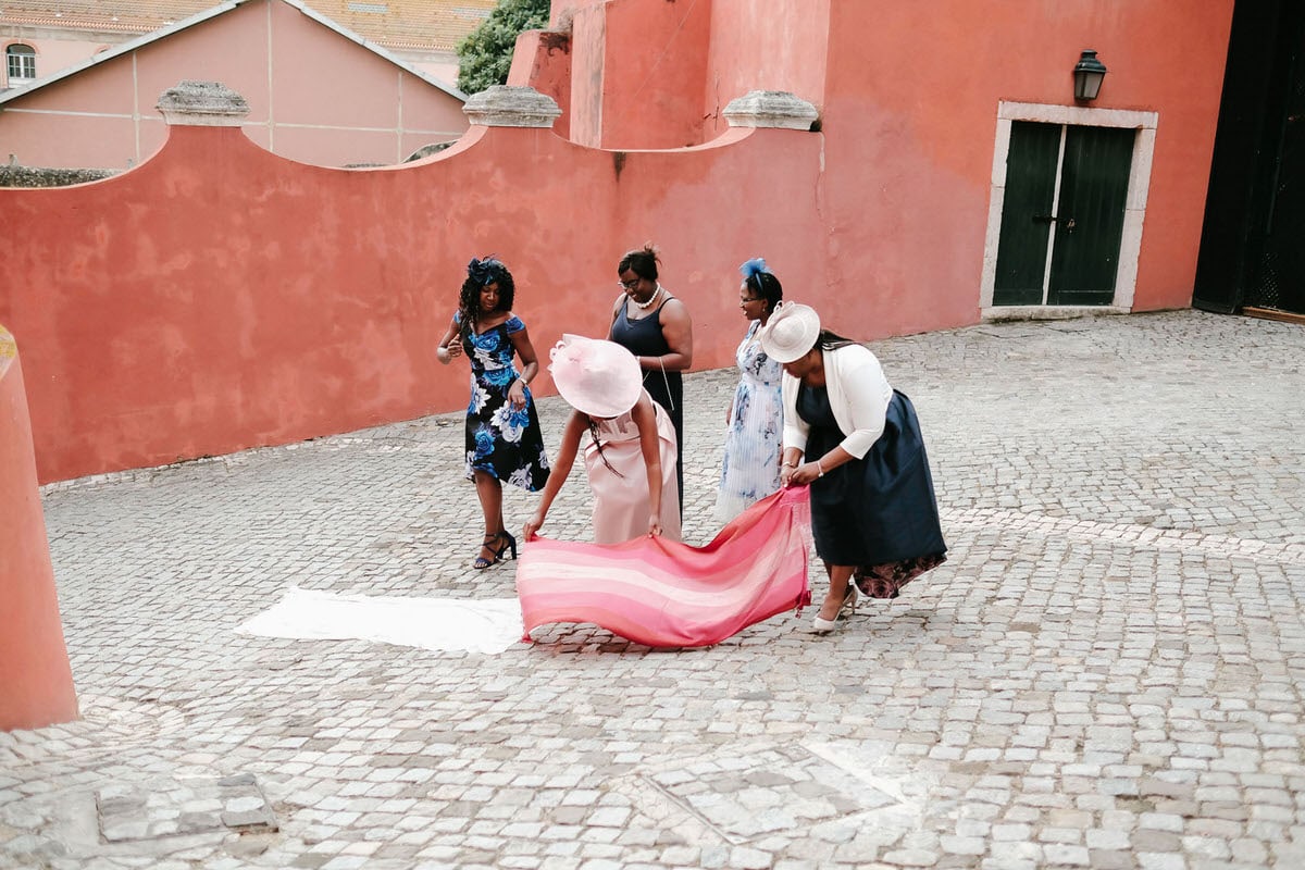 scarves and pashminas for bride walking down the aisle in Zimbabwean culture in Lisbon wedding