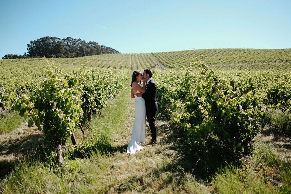 The couple kisses among the vineyards of the quinta da bichinha in a natural and relaxed way, without noticing the photographer is present