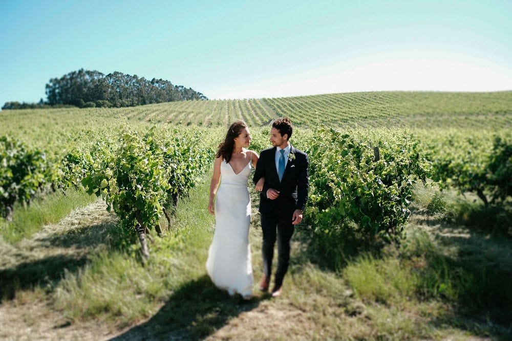 Artistic portrait of the couple walking through the middle of the vineyards of the quinta da bichinha
