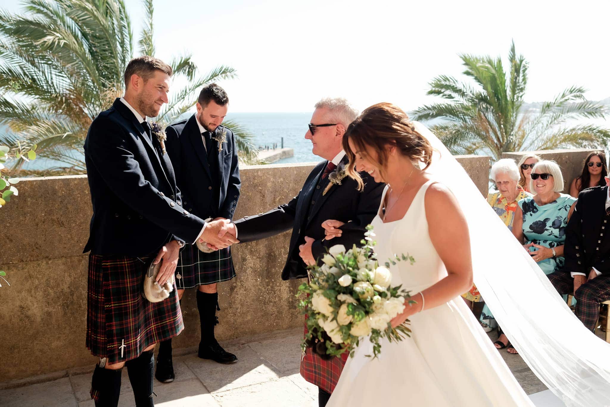 bride with Scottish dad walking down at Forte da Cruz Wedding