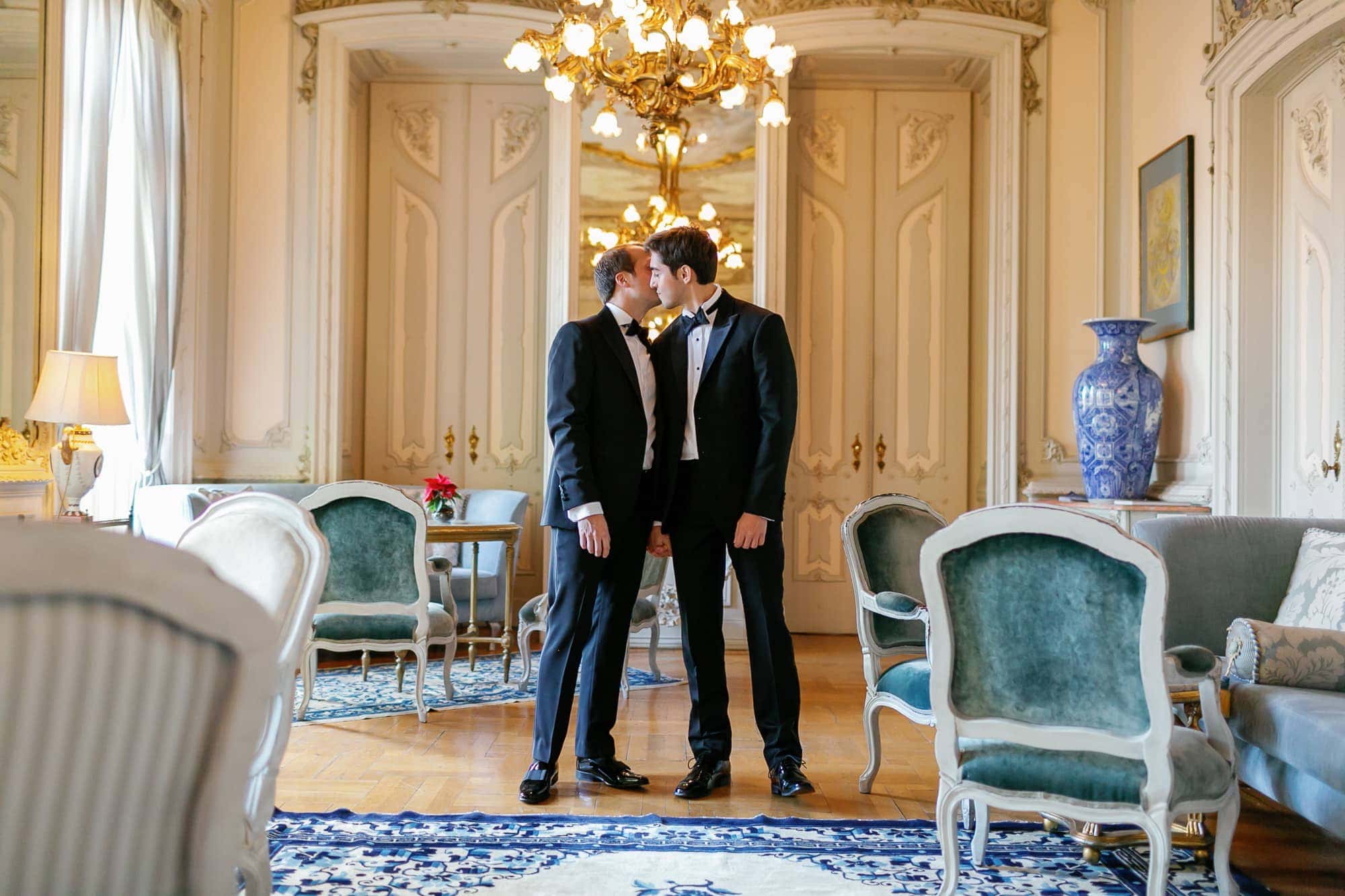 same sex couple getting married in Pestana Palace